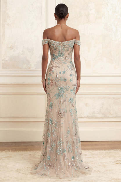 Sparkly Champagne Mermaid Off the Shoulder Long Prom Dress with Sequins