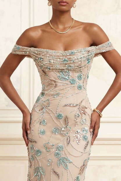 Sparkly Champagne Mermaid Off the Shoulder Long Prom Dress with Sequins