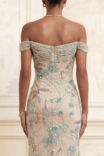 Sparkly Champagne Mermaid Off the Shoulder Long Prom Dress with Sequins