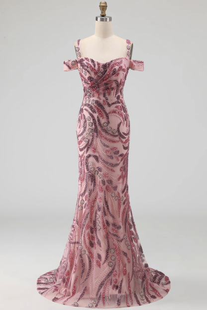 Sparkly Pink Mermaid Cold Shoulder Neck Scarf Long Prom Dress with Sequins