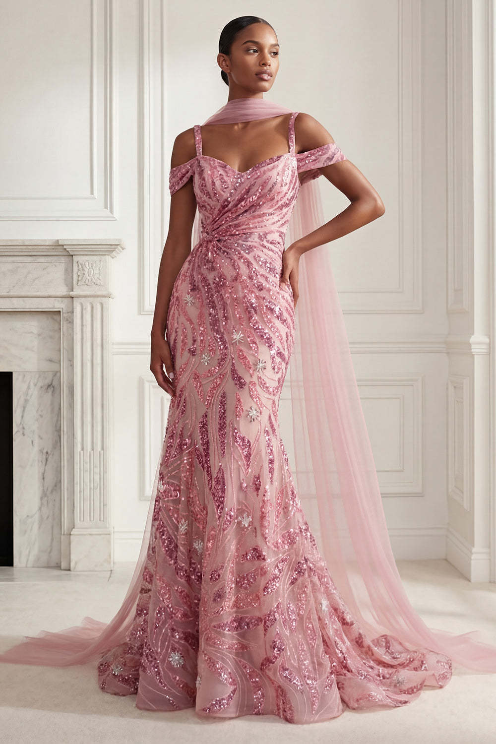 Leely Women Sparkly Pink Mermaid Long Prom Dress with Sequins Cold Shoulder Neck Scarf Evening Dress