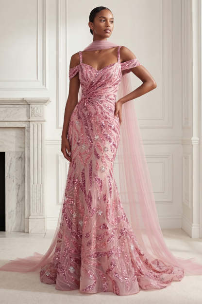 Leely Women Sparkly Pink Mermaid Long Prom Dress with Sequins Cold Shoulder Neck Scarf Evening Dress
