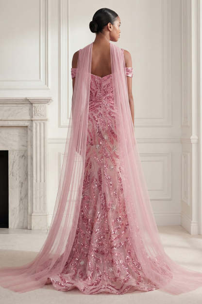 Sparkly Pink Mermaid Cold Shoulder Neck Scarf Long Prom Dress with Sequins