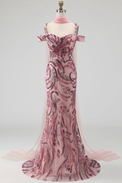 Sparkly Pink Mermaid Cold Shoulder Neck Scarf Long Prom Dress with Sequins