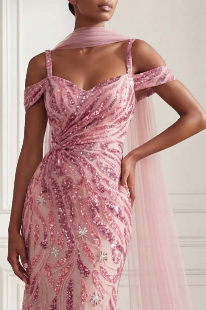 Sparkly Pink Mermaid Cold Shoulder Neck Scarf Long Prom Dress with Sequins