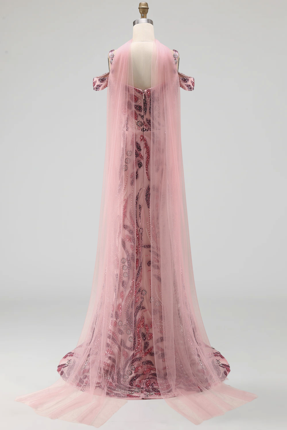Sparkly Pink Mermaid Cold Shoulder Neck Scarf Long Prom Dress with Sequins