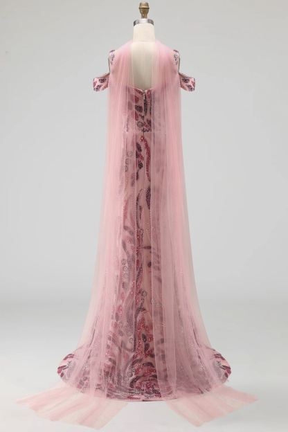 Sparkly Pink Mermaid Cold Shoulder Neck Scarf Long Prom Dress with Sequins