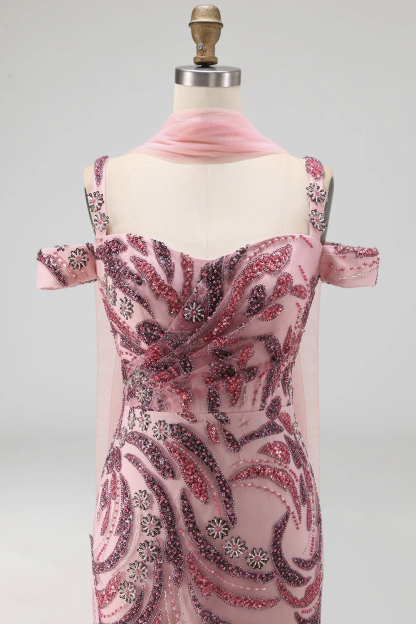 Sparkly Pink Mermaid Cold Shoulder Neck Scarf Long Prom Dress with Sequins
