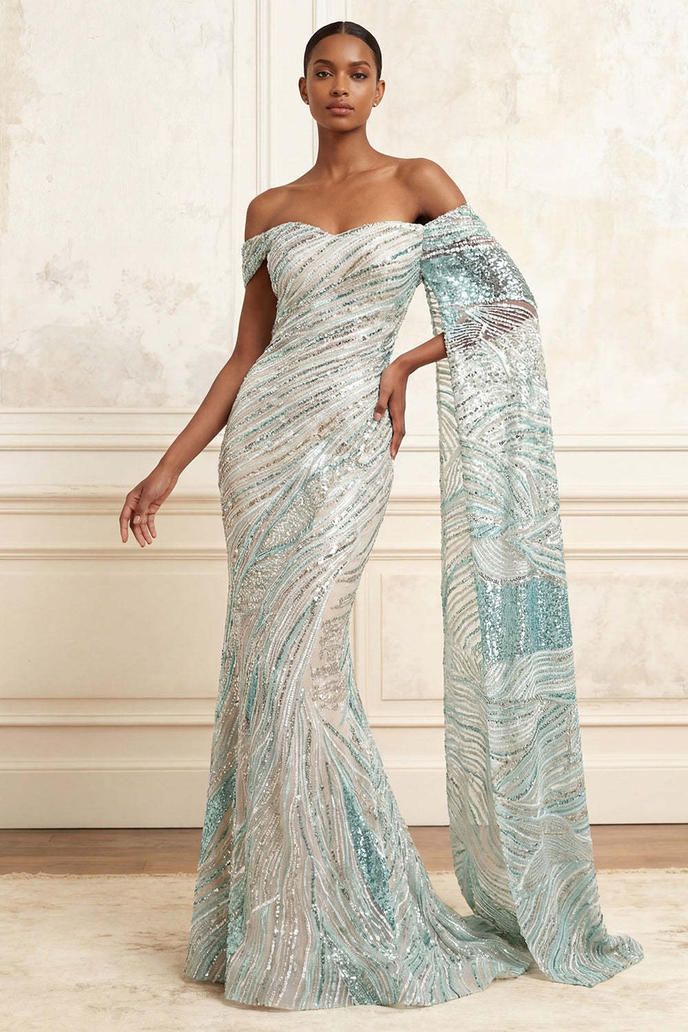 Leely Women Sparkly Blue Mermaid Long Prom Dress with Sequins Off the Shoulder Evening Dress with Side Cape