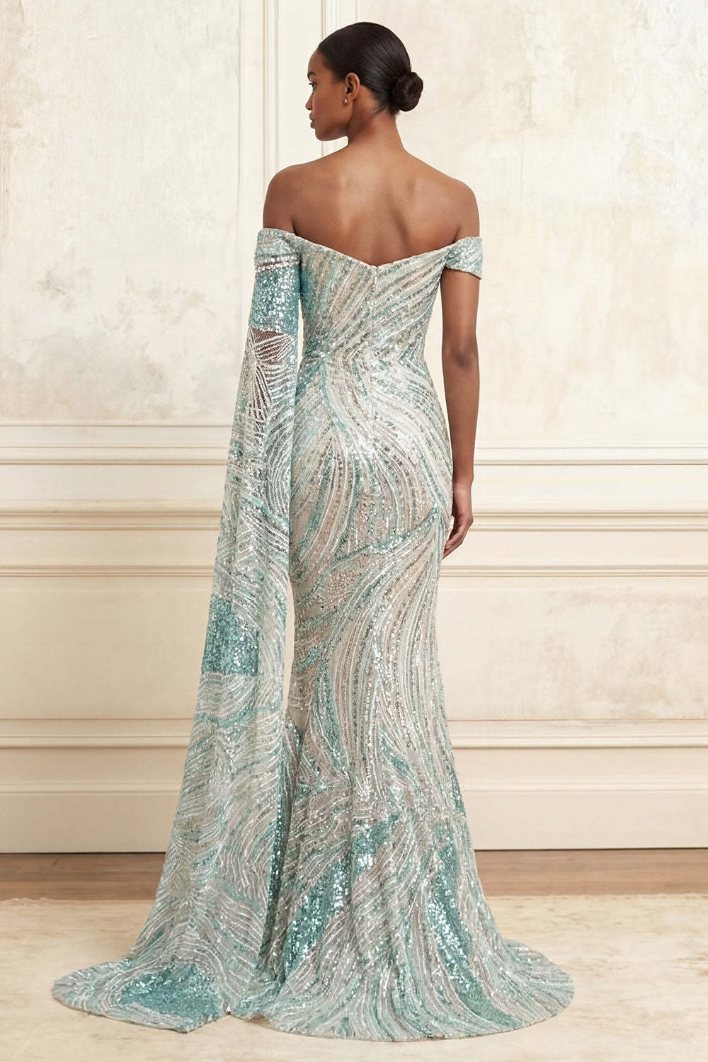 Sparkly Blue Mermaid Off the Shoulder Long Prom Dress with Sequins