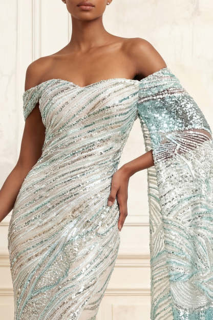 Sparkly Blue Mermaid Off the Shoulder Long Prom Dress with Sequins