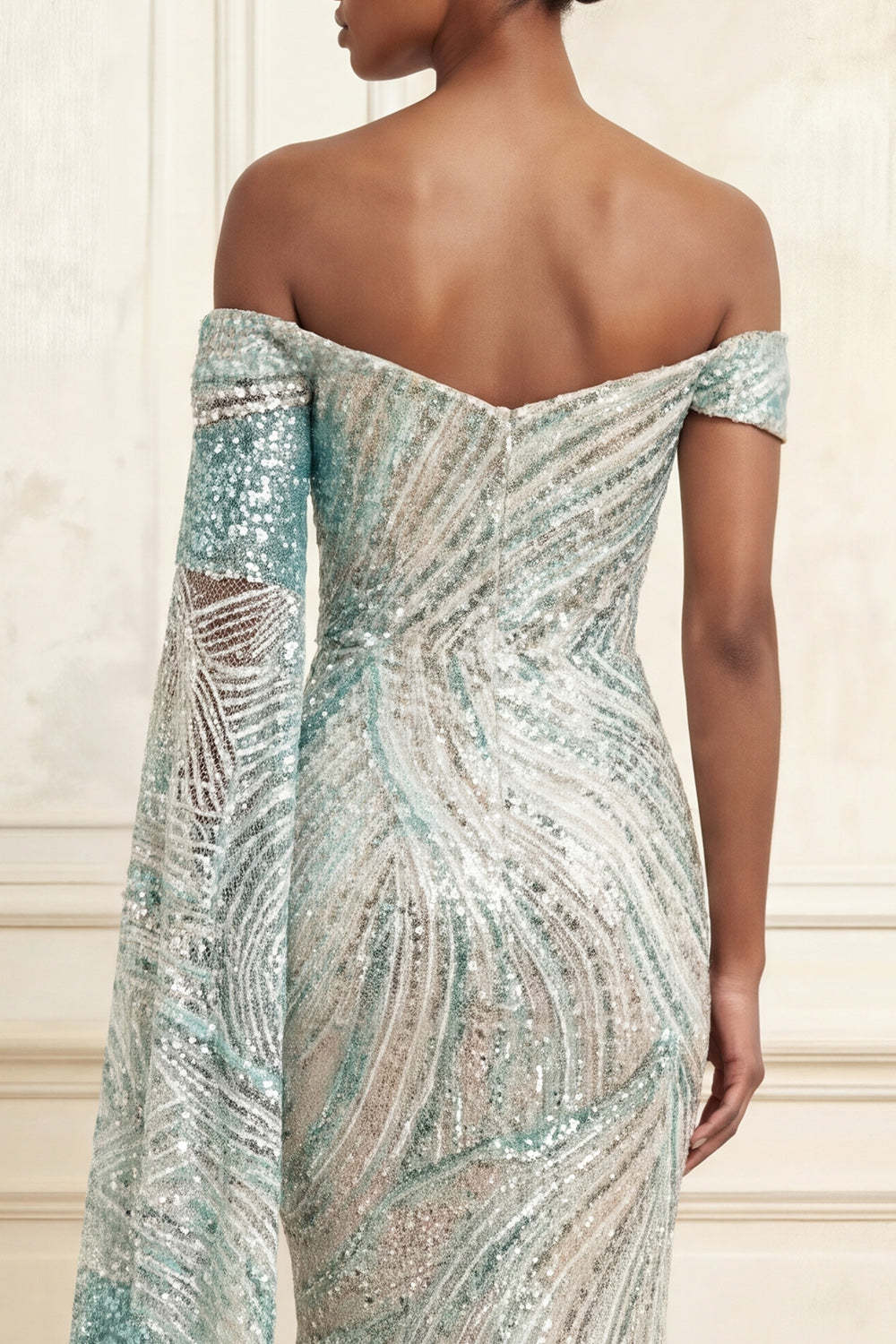 Sparkly Blue Mermaid Off the Shoulder Long Prom Dress with Sequins