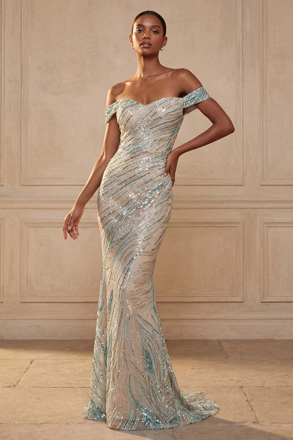 Leely Women Sparkly Blue Mermaid Long Prom Dress with Sequins Off the Shoulder Evening Dress