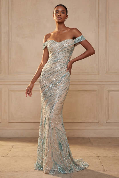 Leely Women Sparkly Blue Mermaid Long Prom Dress with Sequins Off the Shoulder Evening Dress