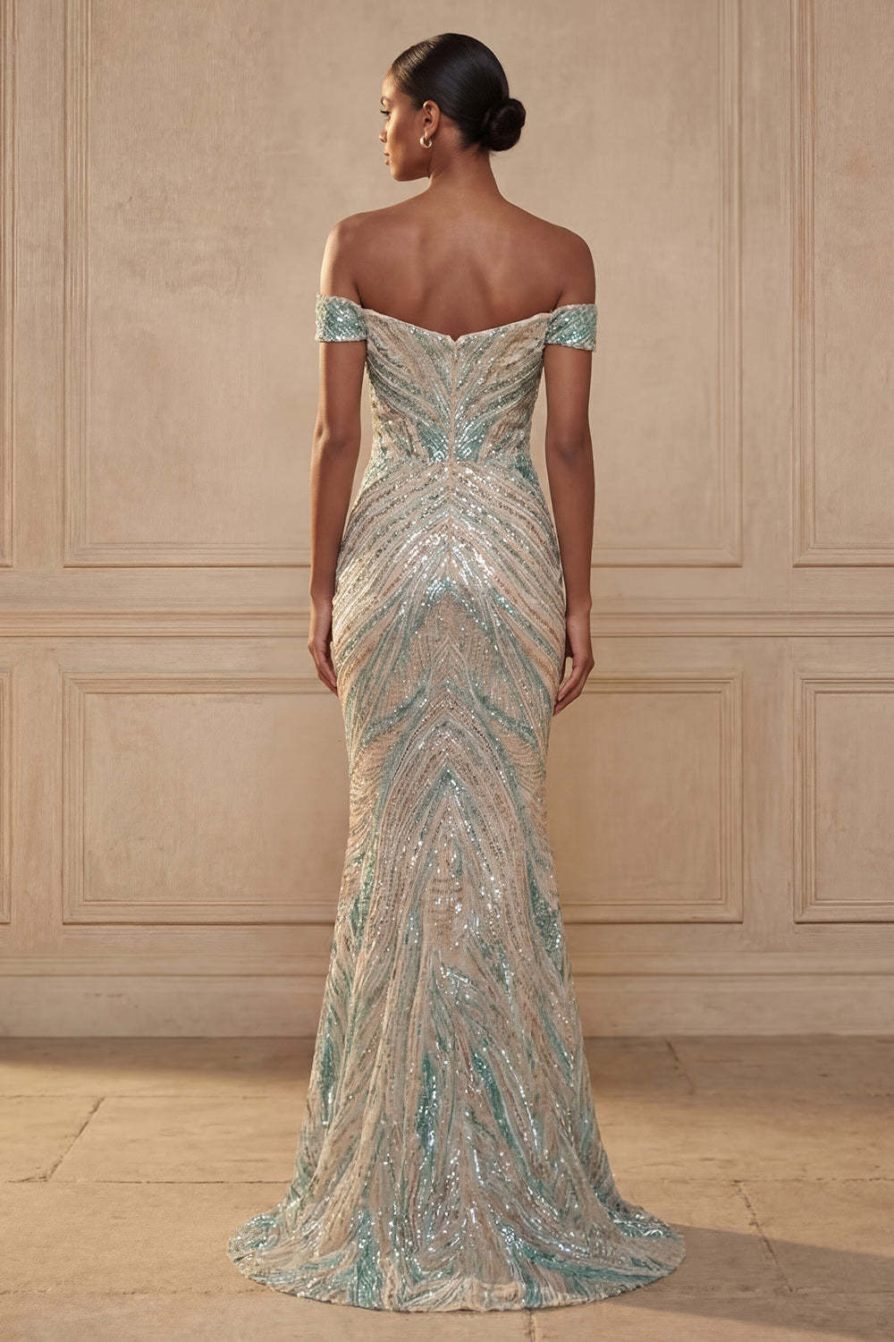 Sparkly Blue Mermaid Sequined Off the Shoulder Long Prom Dress