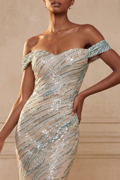 Sparkly Blue Mermaid Sequined Off the Shoulder Long Prom Dress
