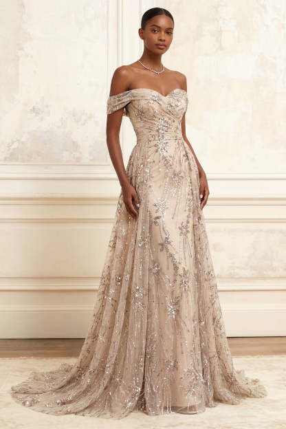 Leely Women Sparkly Champagne Long Prom Dress with Sequins A Line Off the Shoulder Evening Dress with Side Cape