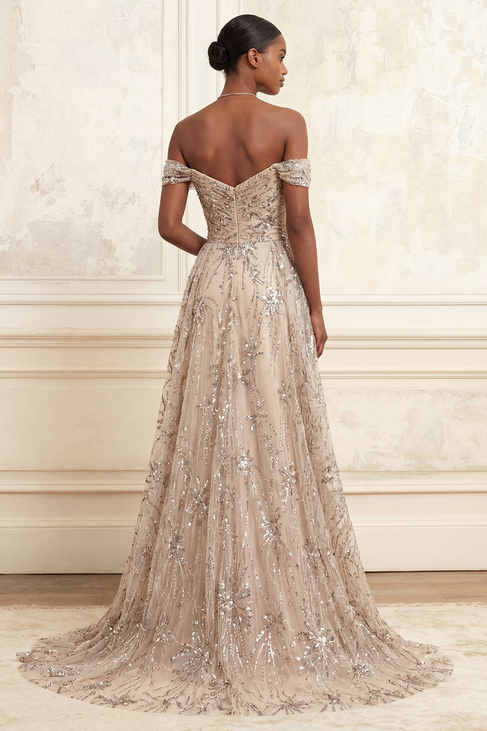 Sparkly Champagne A Line Sequined Off the Shoulder Long Prom Dress