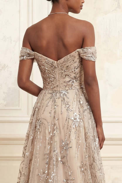 Sparkly Champagne A Line Sequined Off the Shoulder Long Prom Dress