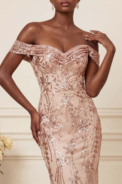 Sparkly Blush Mermaid Sequined Long Off the Shoulder Prom Dress