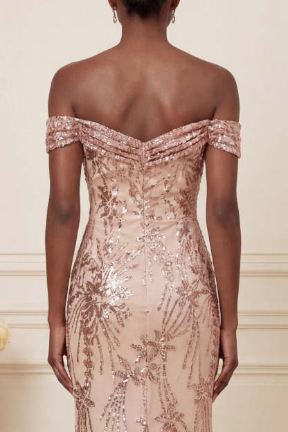 Sparkly Blush Mermaid Sequined Long Off the Shoulder Prom Dress