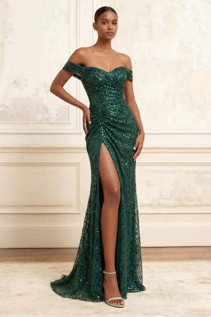 Leely Women Sparkly Dark Green Long Prom Dress with Sequins Mermaid Off the Shoulder Evening Dress with Slit