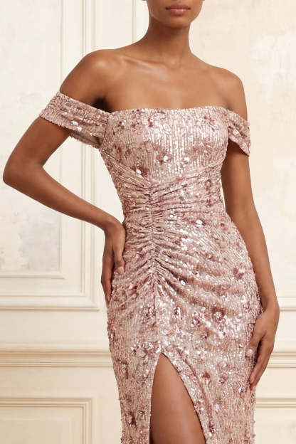 Sparkly Blush Mermaid Sequined Long Ruched Prom Dress with Slit