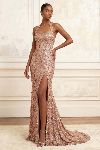 Leely Women Sparkly Blush Long Prom Dress with Sequins Mermaid Halter Evening Dress with Slit