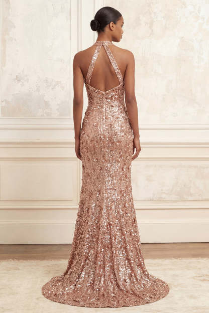 Sparkly Blush Mermaid Halter Sequined Long Prom Dress with Slit