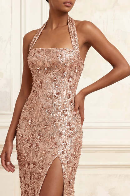 Sparkly Blush Mermaid Halter Sequined Long Prom Dress with Slit