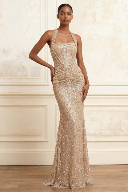 Leely Women Beaded Sparkly Champagne Mermaid Halter Neck Long Prom Dress Ruched Beaded Sleeveless Gala Dress