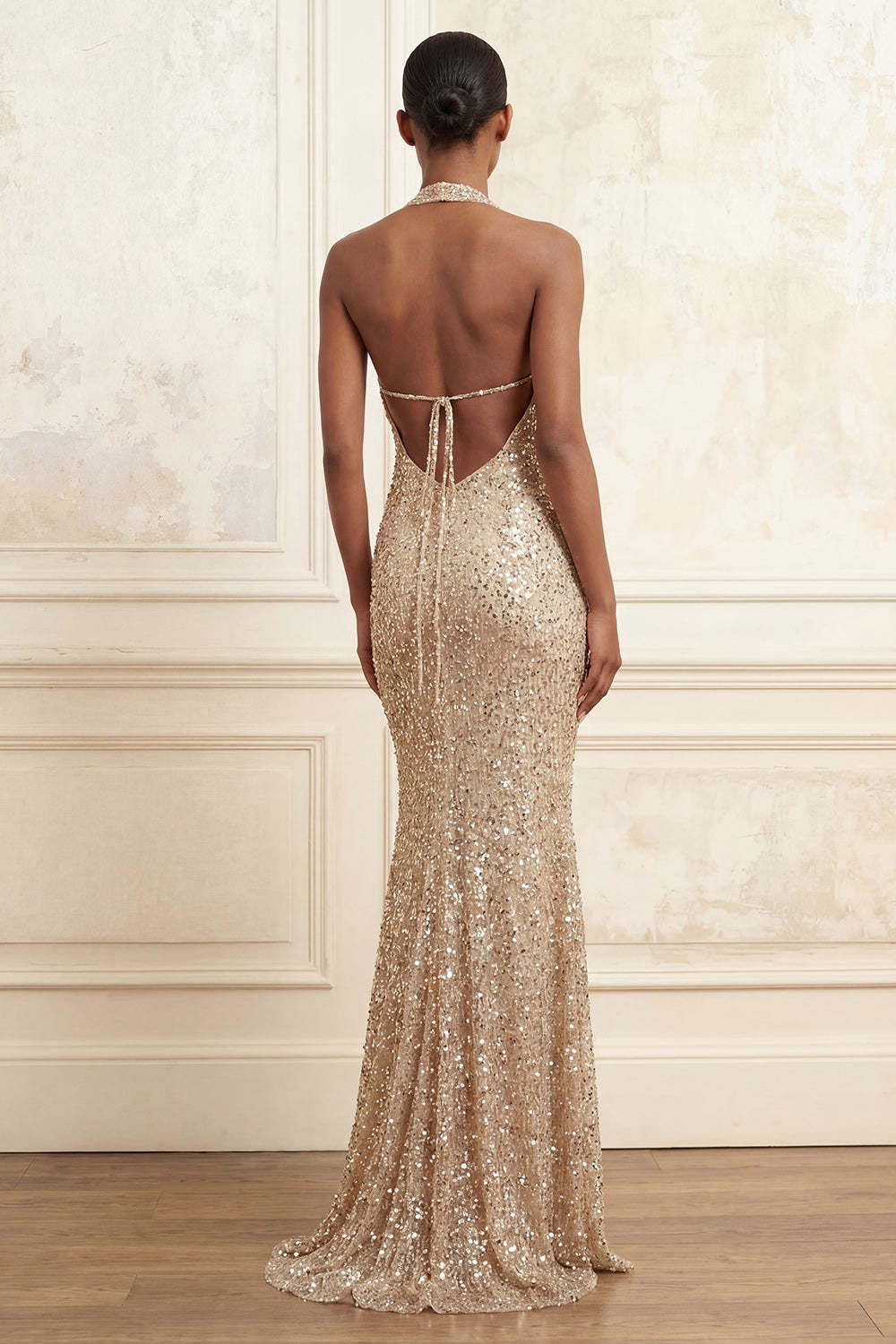 Beaded Sparkly Champagne Mermaid Halter Neck Long Prom Dress