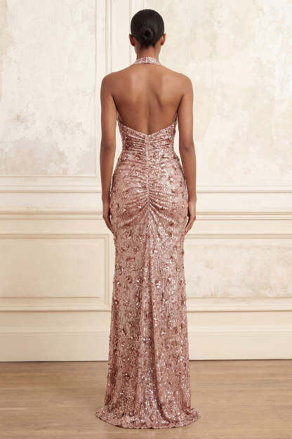 Blush Ruched Sparkly Halter Neck Long Prom Dress with Slit