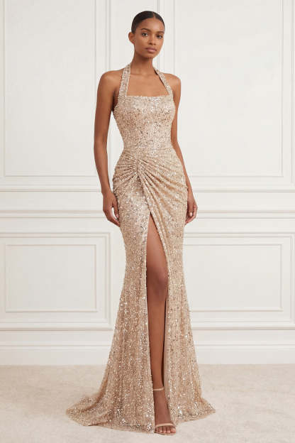 Leely Women Sequined Sparkly Mermaid Champagne Long Prom Dress with Slit Ruched Backless Evening Dress
