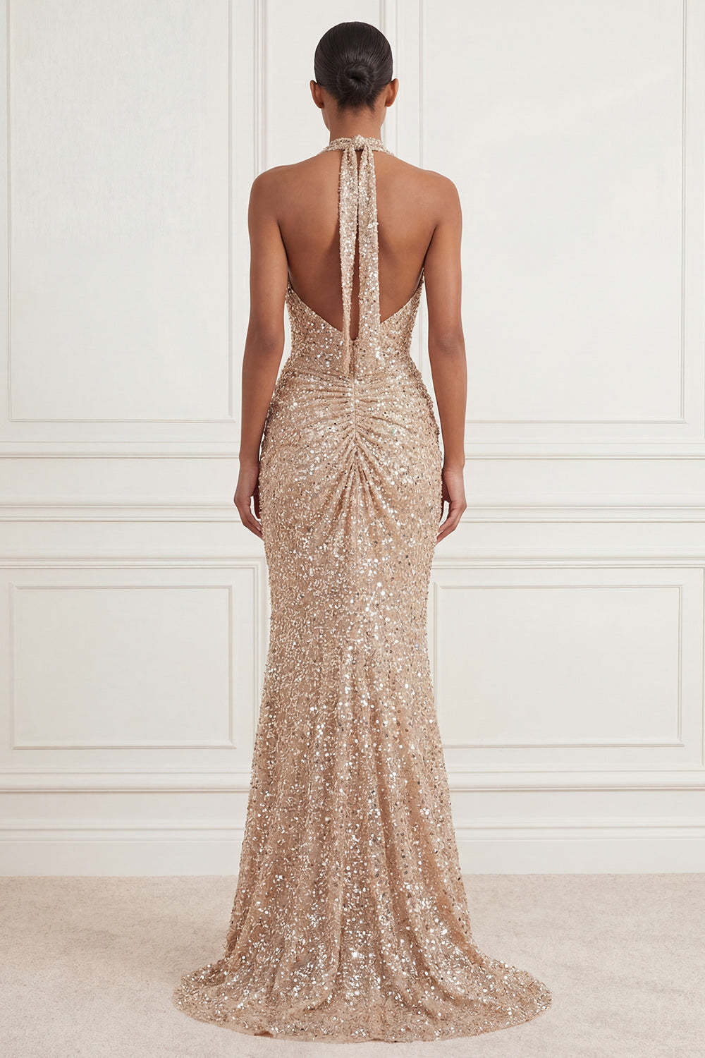Sequined Sparkly Mermaid Ruched Champagne Long Prom Dress with Slit