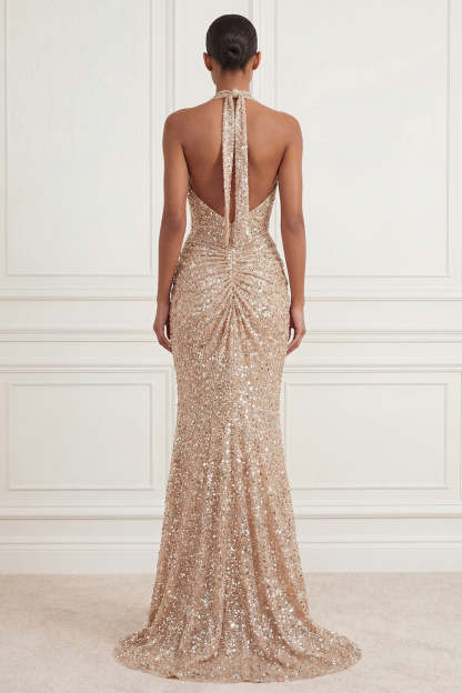 Sequined Sparkly Mermaid Ruched Champagne Long Prom Dress with Slit