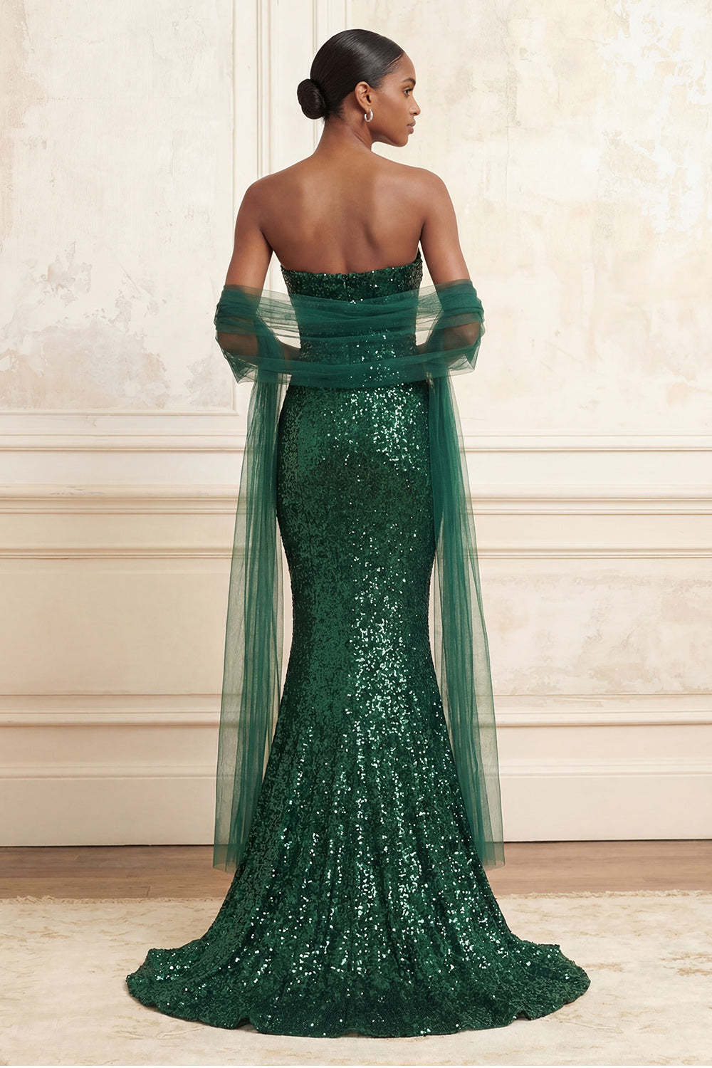 Dark Green Sparkly Sequined Mermaid Strapless Long Prom Dress