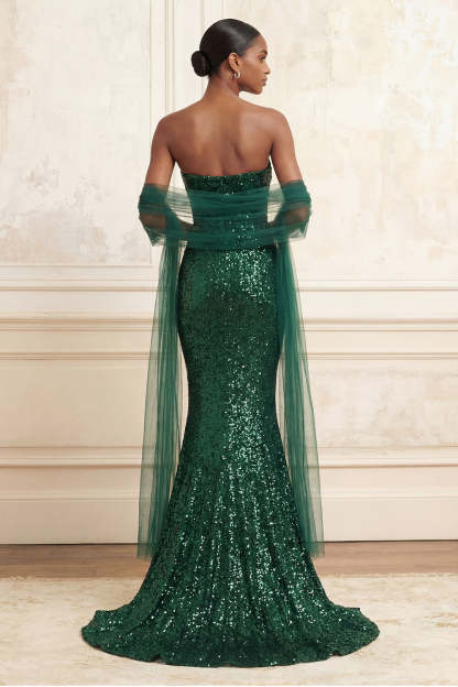 Dark Green Sparkly Sequined Mermaid Strapless Long Prom Dress