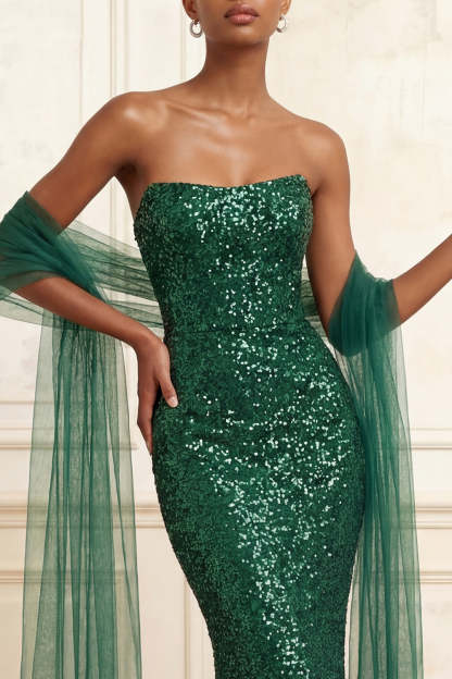 Dark Green Sparkly Sequined Mermaid Strapless Long Prom Dress