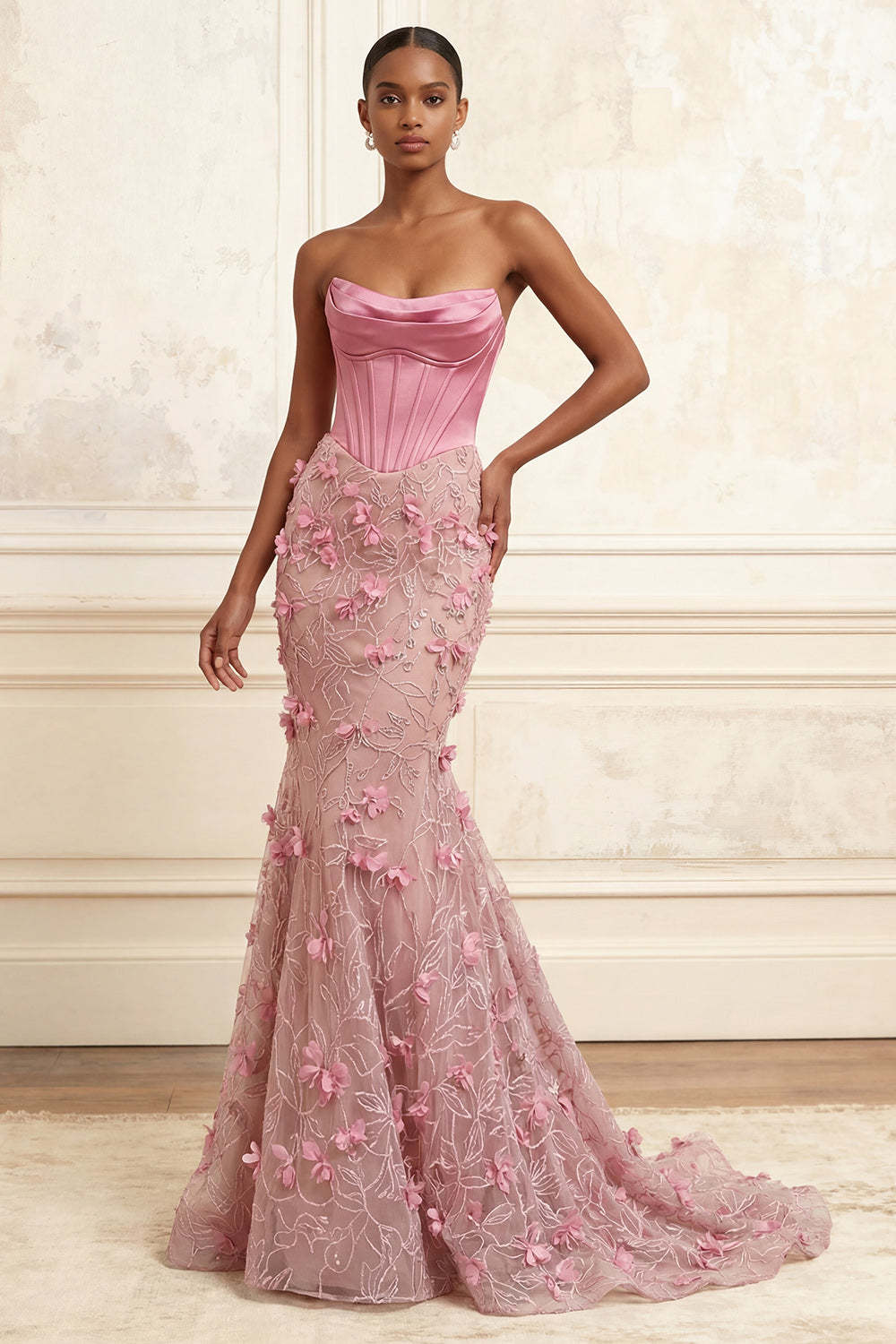 Leely Women Pink Floral Corset Mermaid Cowl Neck Long Prom Dress Appliqued Backless Evening Dress