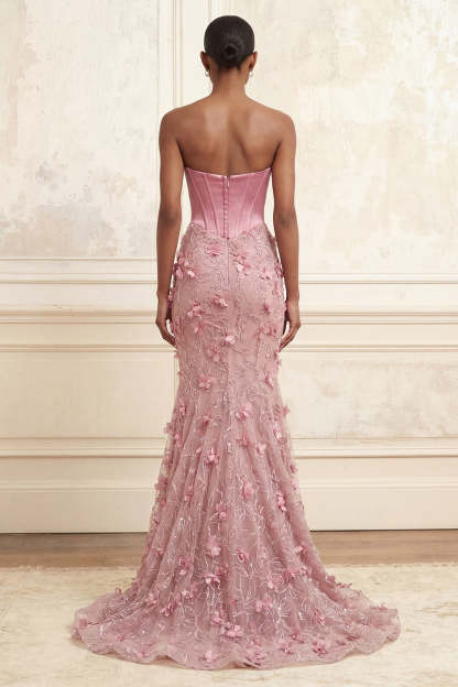 Pink Floral Corset Mermaid Cowl Neck Long Prom Dress