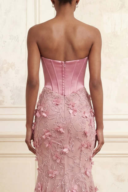 Pink Floral Corset Mermaid Cowl Neck Long Prom Dress