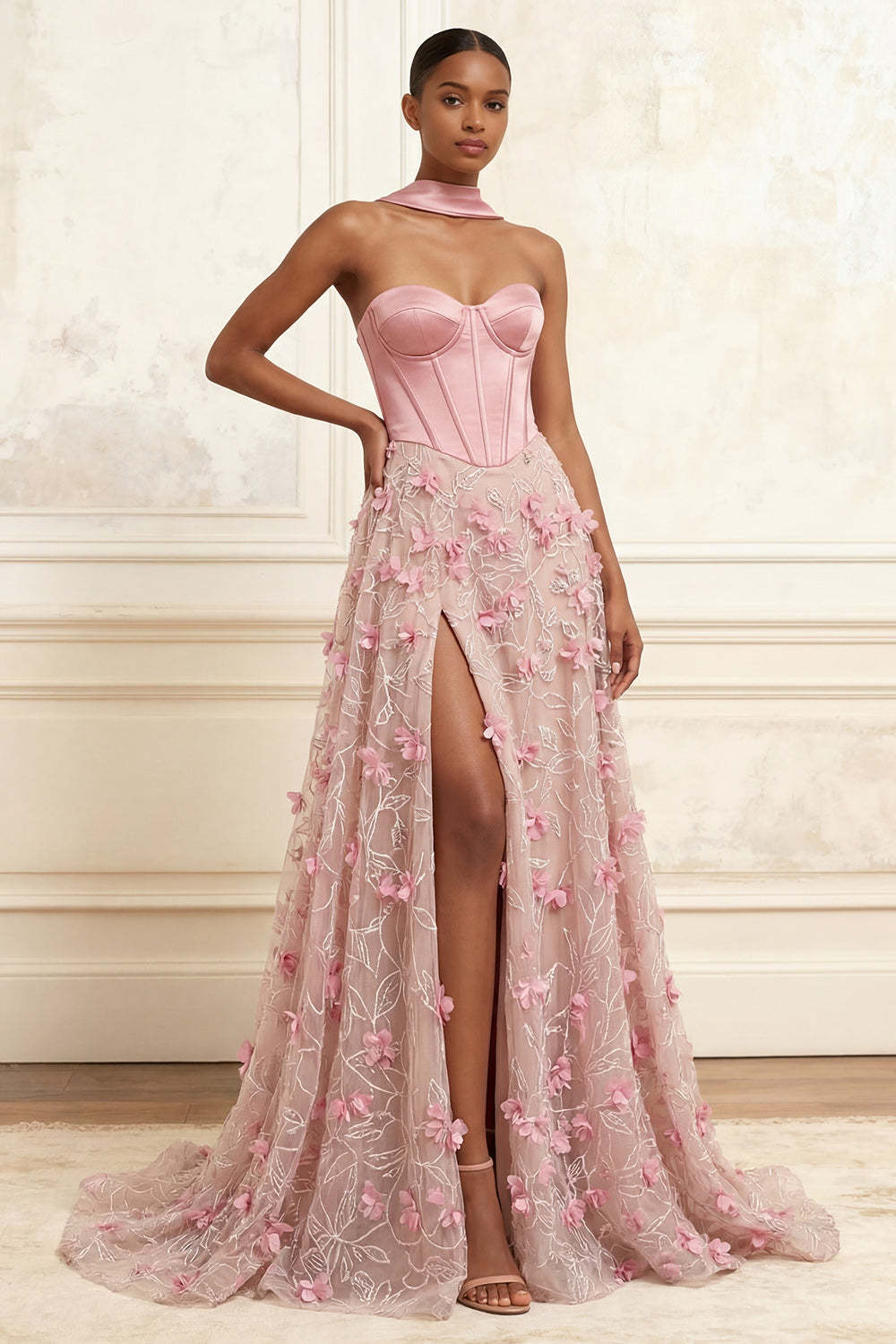 Leely Women Pink Floral Corset A Line Long Prom Dress with Slit Sweetheart Backless Appliqued Evening Dress