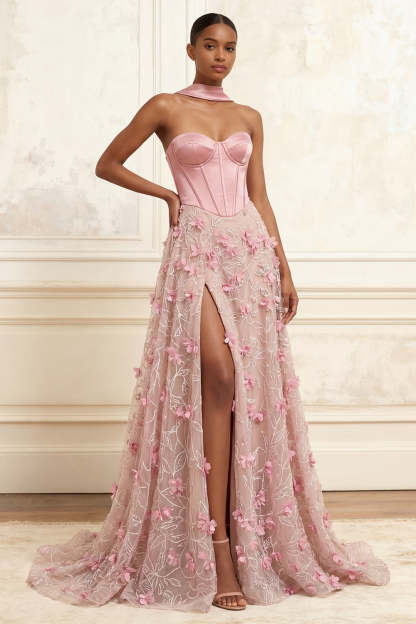 Leely Women Pink Floral Corset A Line Long Prom Dress with Slit Sweetheart Backless Appliqued Evening Dress