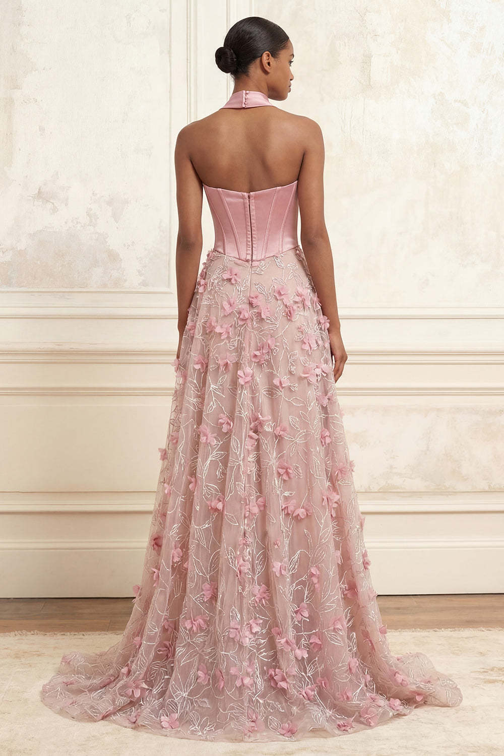 Pink Floral Corset A Line Sweetheart Long Prom Dress with Slit