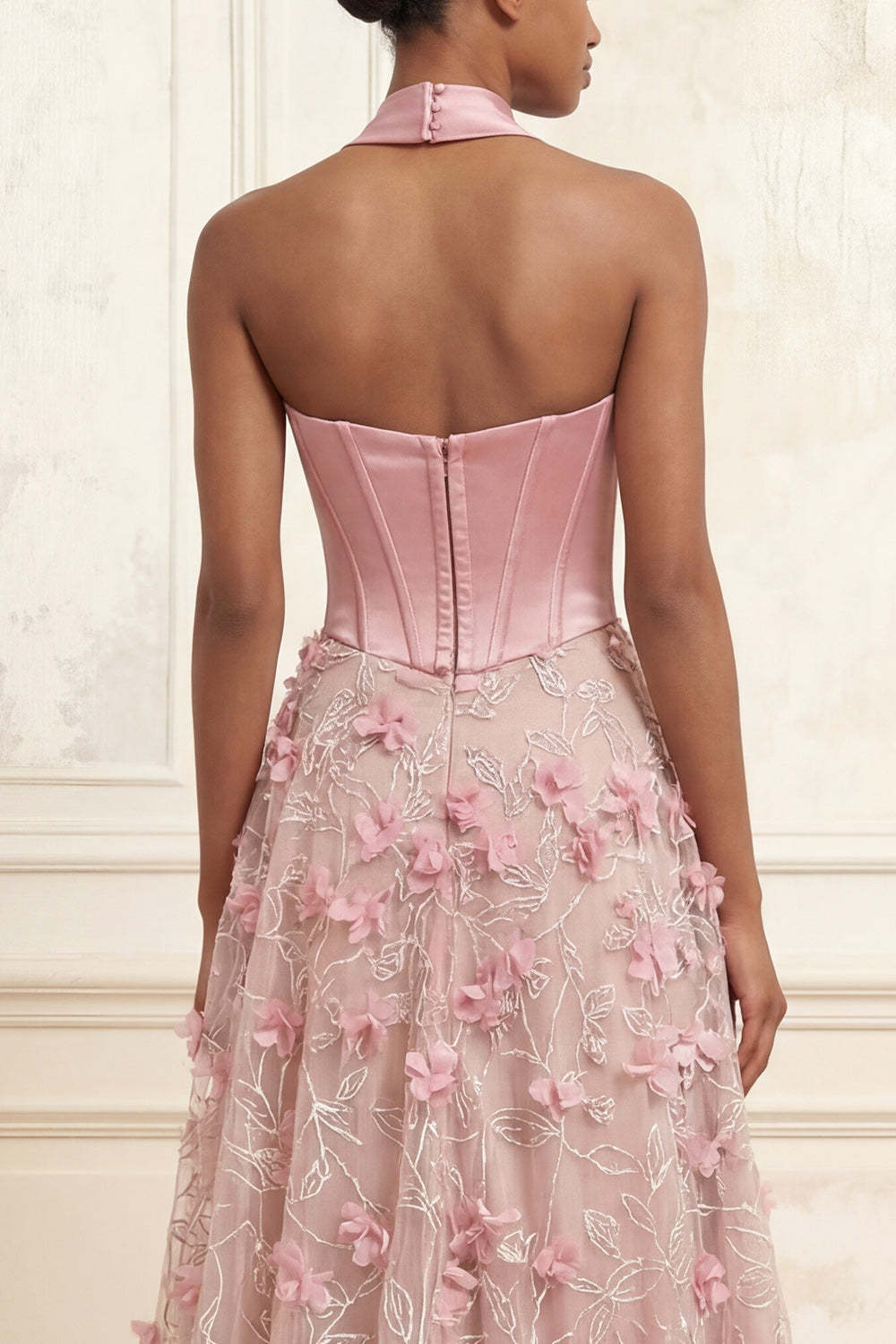 Pink Floral Corset A Line Sweetheart Long Prom Dress with Slit
