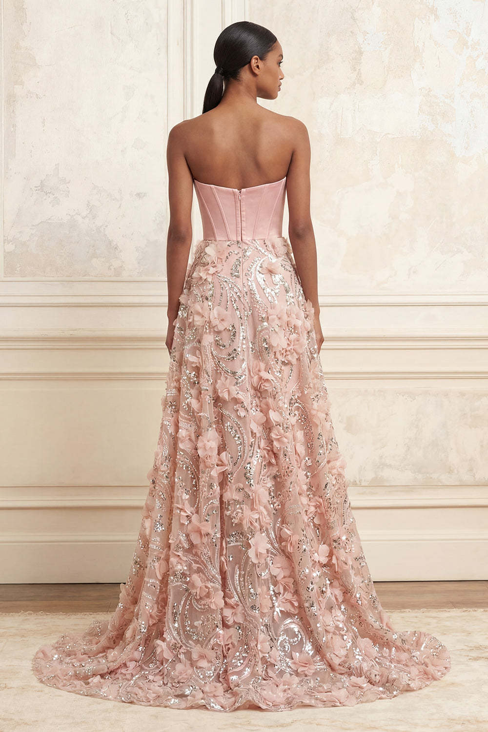 Appliqued Floral Blush Corset A Line Long Prom Dress