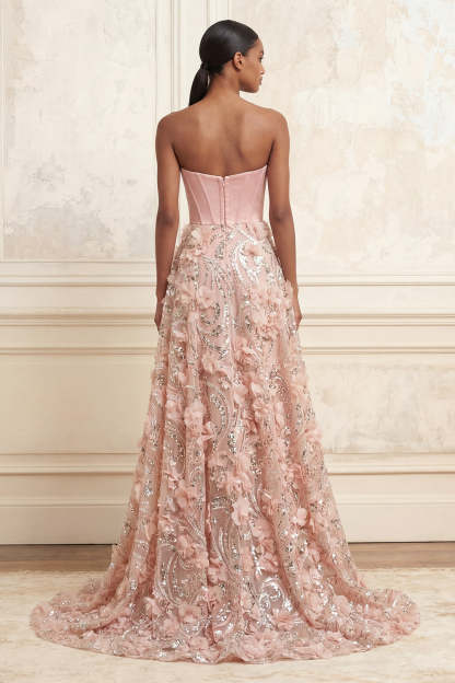 Appliqued Floral Blush Corset A Line Long Prom Dress