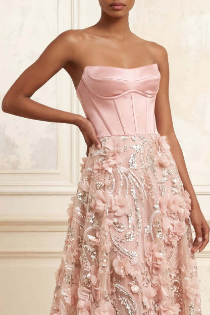 Appliqued Floral Blush Corset A Line Long Prom Dress