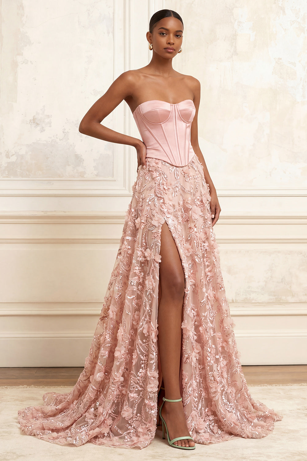 Appliqued Floral Blush Corset A Line Long Prom Dress with Slit